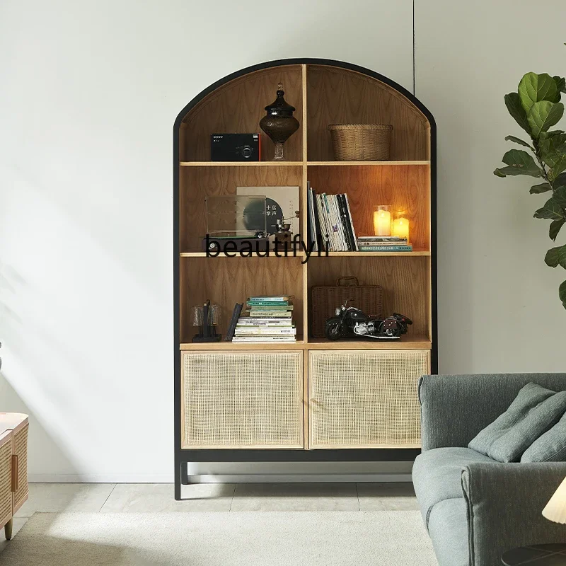 

Nordic wabi wind bookshelf living room solid wood bookcase against the wall ash wood shelf rattan display cabinet