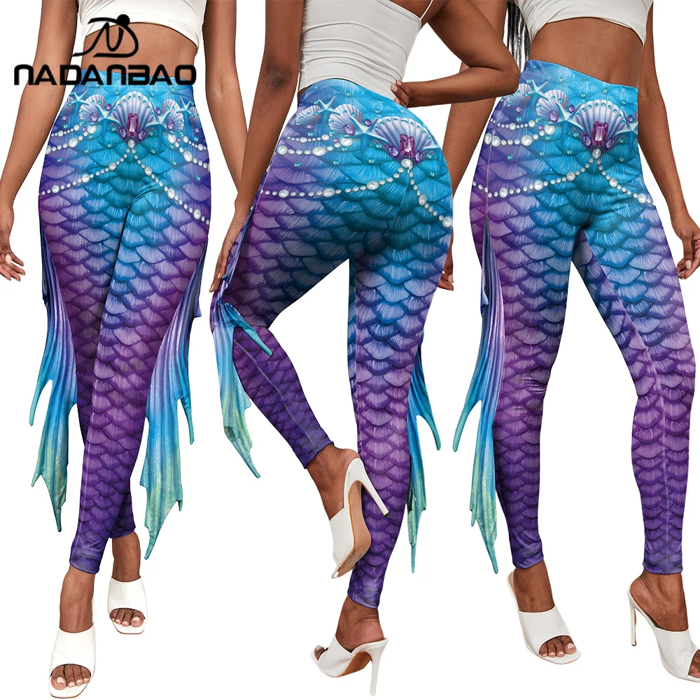 Nadanbao Cosplay Mermaid Women Leggings Colorful Fish Scales Print Pants Sexy Skinny Tights Summer Party Leggings Beach Trousers