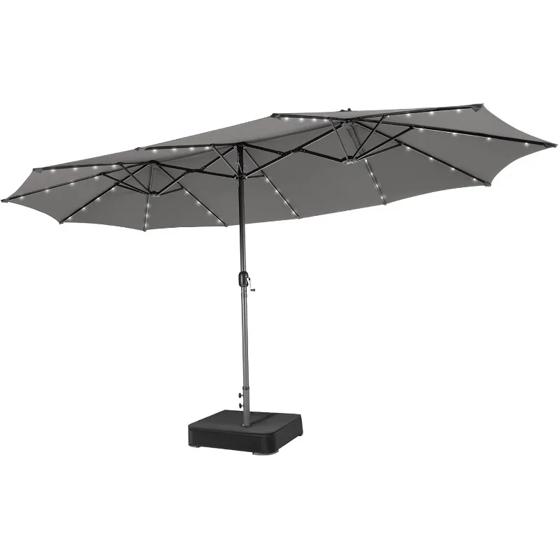 15FT Double-Sided Patio Umbrella with Solar Lights, Extra-Large Umbrella W/ 48 LED Lights & Auto-Charging Solar Panel (Beige)