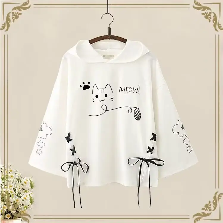 Japanese Soft Girl Cute Cat Lace Loose Sweatshirt Student Hoodie Women\'s Thin Autumn Long Sleeve Long-sleeved Pullovers Hoodies