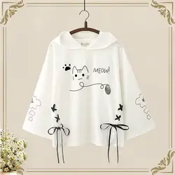 Japanese Soft Girl Cute Cat Lace Loose Sweatshirt Student Hoodie Women's Thin Autumn Long Sleeve Long-sleeved Pullovers Hoodies