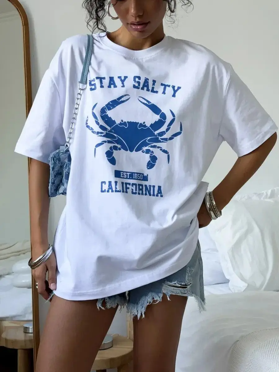 

Casual Loose Versatile Elegant American Retro Cute Style Fun Youthful Fashionable Niche Printed Pure Cotton Short-sleeved Trendy