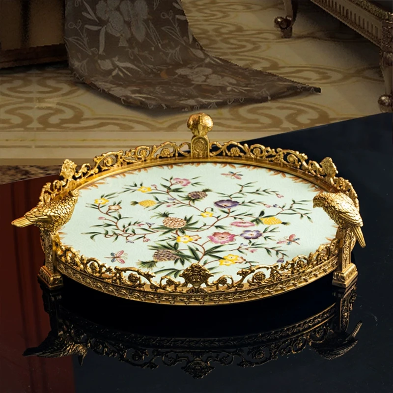 Vintage Gold Vanity Birds Brass Tray Footed Round 42cm Metal Decor Jewelry Storage Plate Cosmetic Perfume Organizer For Dresser