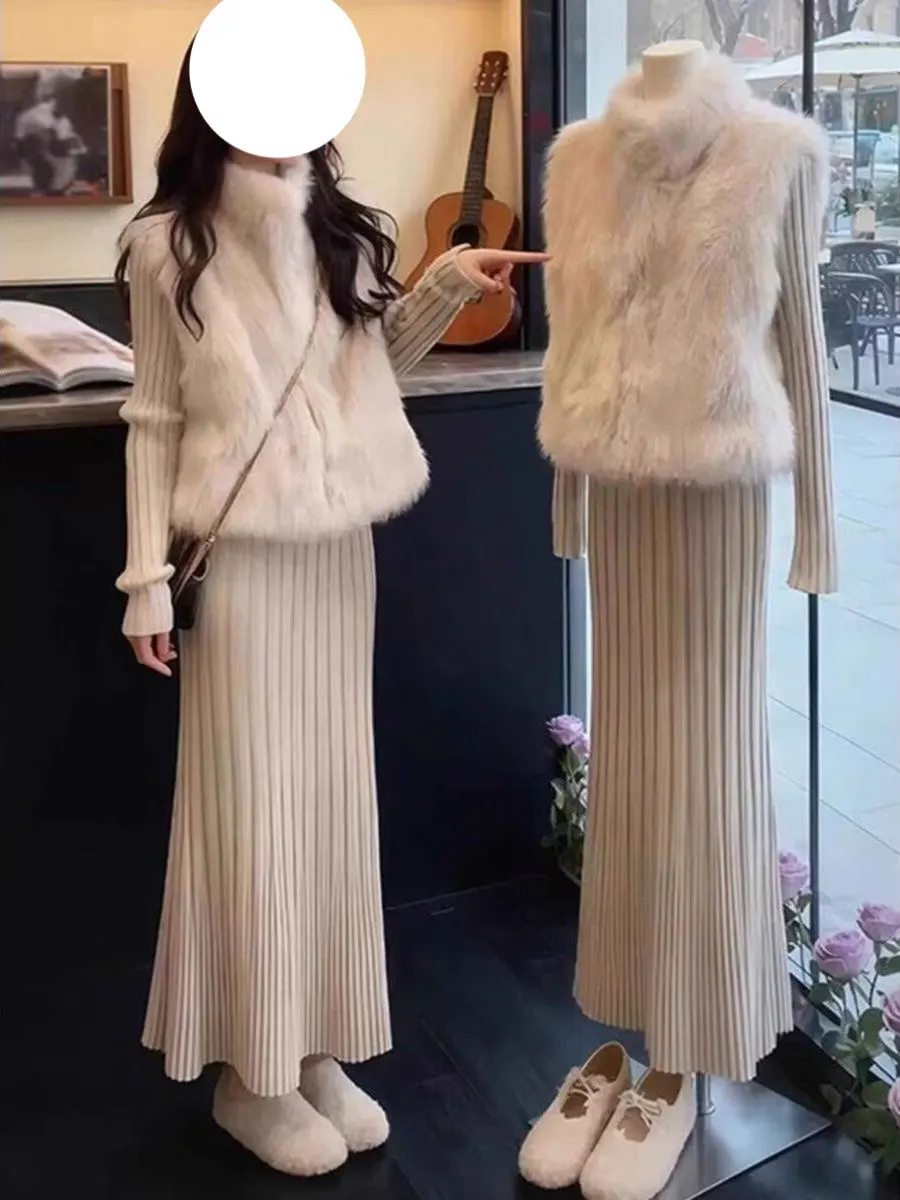 

Korean Sle Slimming Furry Vest And Dr Set Two-Piece Ensemble Autumn Winter Faion plus Size Women's High Waist Pure Color