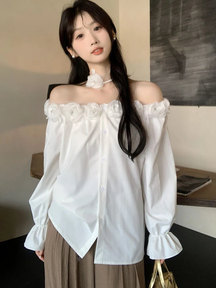 

3d Floral White Shirts Women Sexy Off Shoulder Slash Neck Blouse Korean Elegant Long Sleeve Loose Female Design Casual Tops