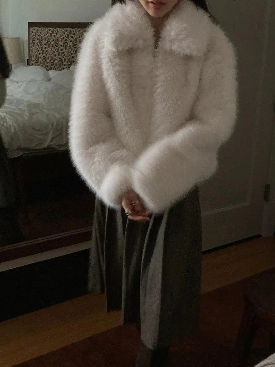 Ele معطف فرو فاخر للنساء ort Sle طويل Sve سحاب إغلاق صديق للبيئة Faionable Age-Defng ملابس خارجية شتوية