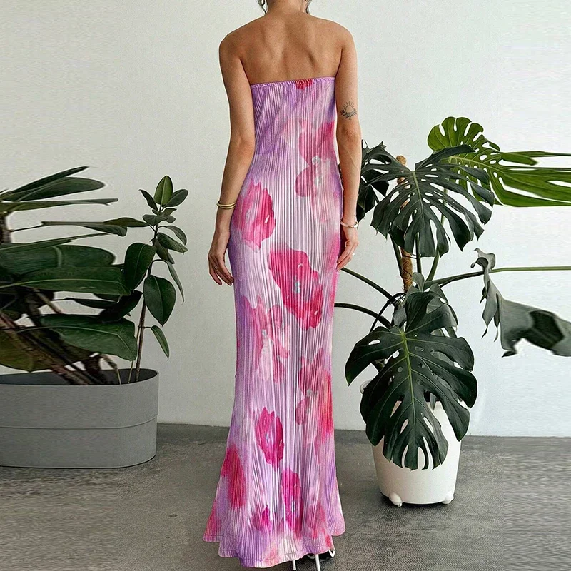 패션 꽃 프린트 Strapless 휴가 드레스 레이디 섹시한 오프 어깨 슬림 파티 드레스 우아한 높은 허리 Pleat 여름 긴 드레스