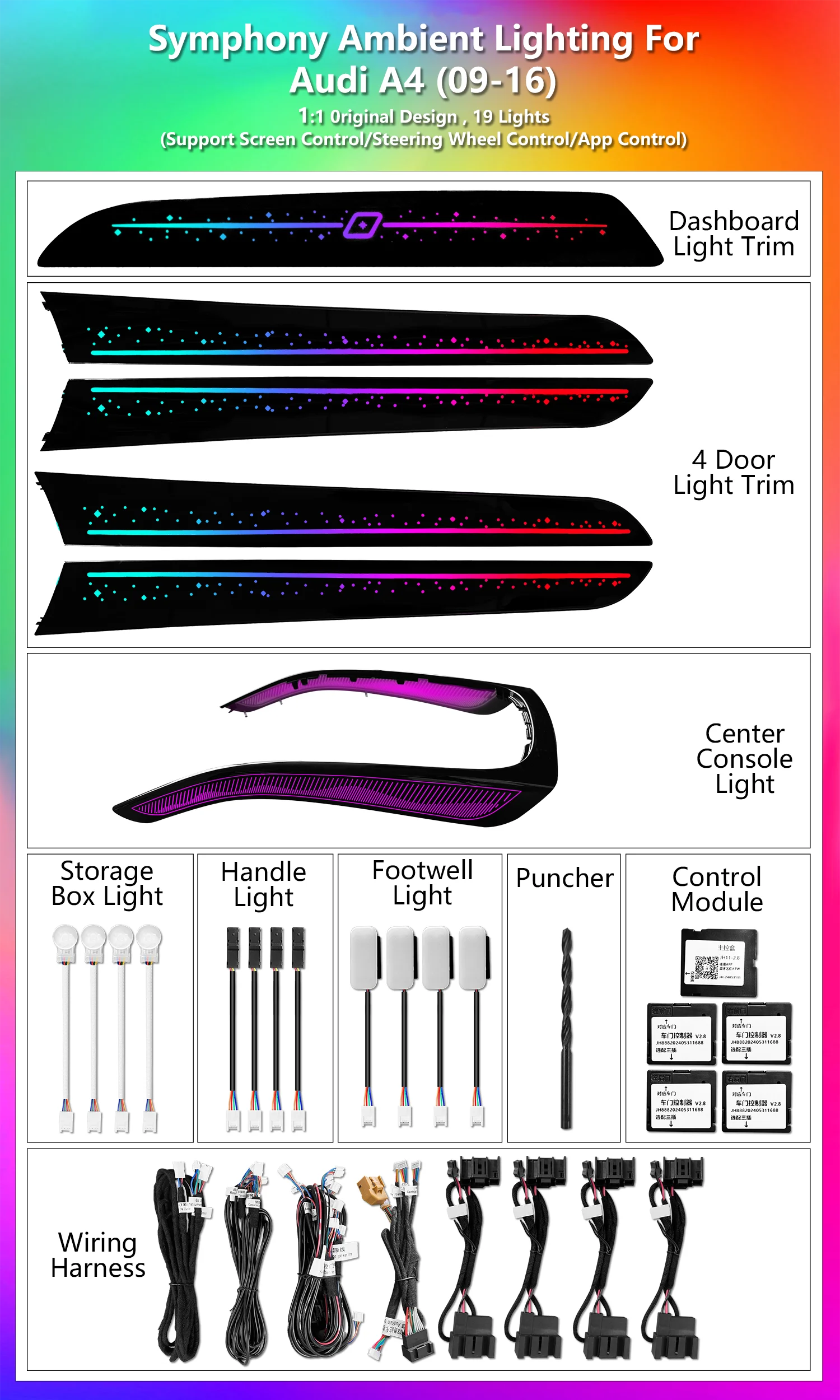 ICarsin For Audi A4 A5 Q5 Ambient Light 64 Colors Star Sky Ambient Light Dynamic Symphony Auto Interior Lighting Upgrade Kit