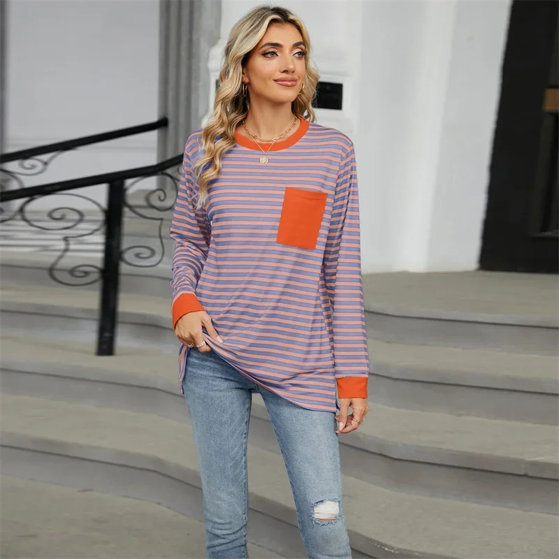Women Single Pocket Patchwork T-Shirt Elegant Colour Blocking Stripes Casual O Neck Tops Female Spring Autumn Long Sleeves Tees