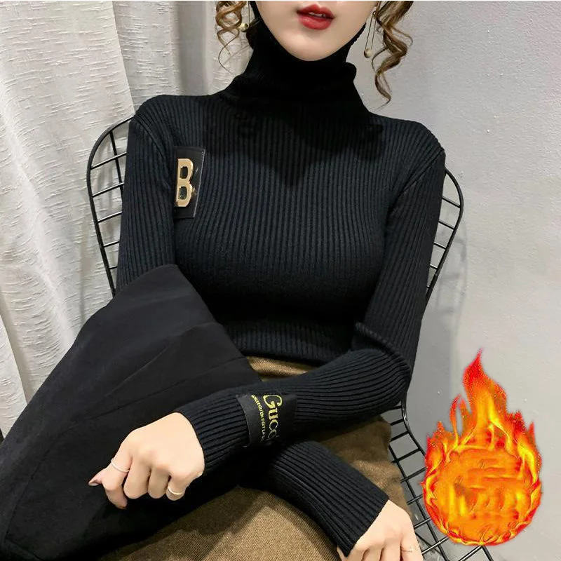 Autumn Winter New Women\'s Pullovers Solid Color Turtleneck Letter Casual Versatile Fashion Slim Sweaters Long Sleeve Tops