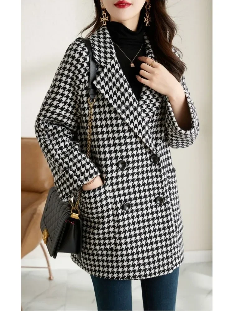Women Coat Plaid Woolen Coat for Women\'s Autumn Winter Overcoat Korean Fashion Mid Length Coat for Women\'s Clothing Tops