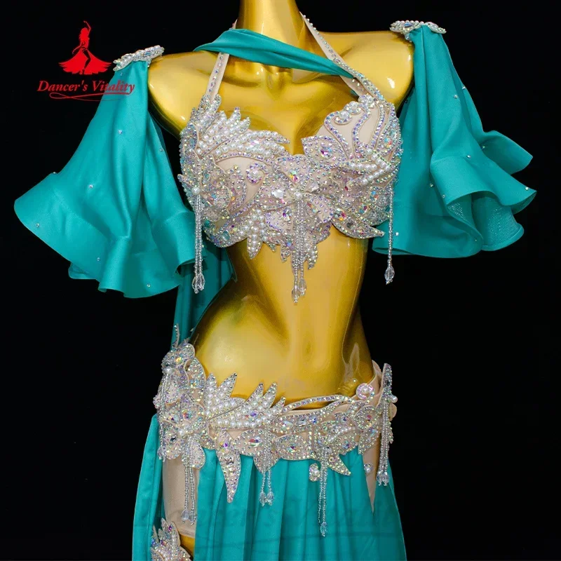 Bellydance Set High-end Customize Pearl AB Stones Bra+Wrapped Hips Long Skirt Dancer's Vitality Adult&Child Performance Clothing
