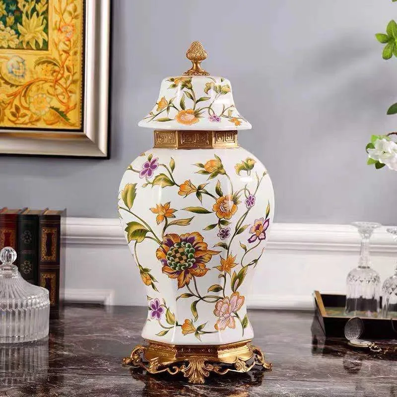 BJ-11 European Ceramics with Copper General Jar High-end Luxury Pendulum Entrance Blue and White Porcelain Ornament