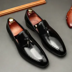 HNXC Fashion Mens Tassel Loafer Shoes Genuine Leather Black Brown Slip On Pointed Casual Wedding Party Dress Shoes For Men