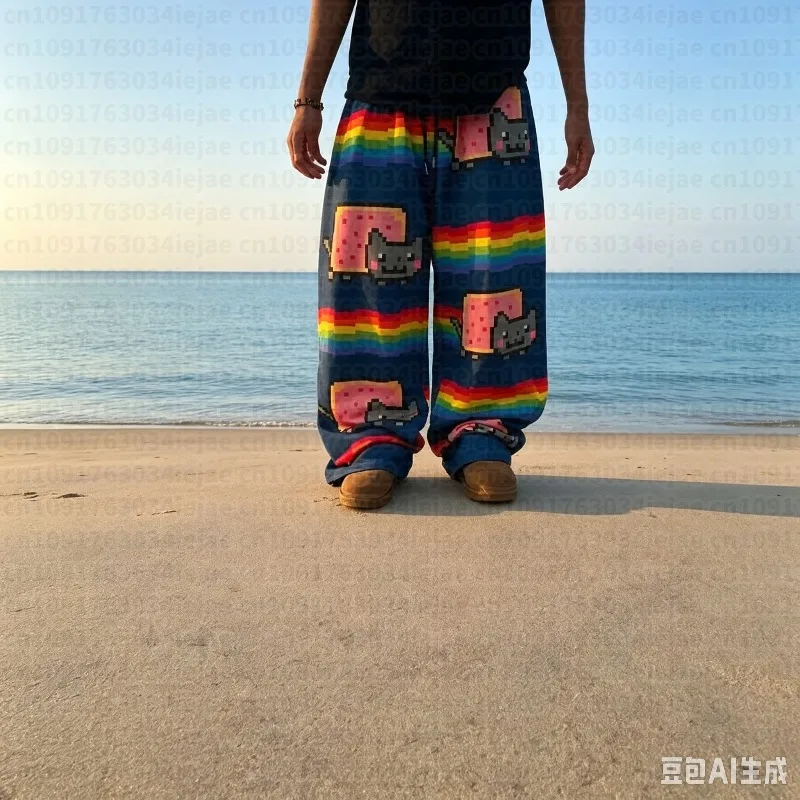 Hip Hop Cartoon Cat Pink Men Women Casual Pants Y2k Harajuku Loose Drawstring Jogging Family Trousers Street Kids Sweatpantss
