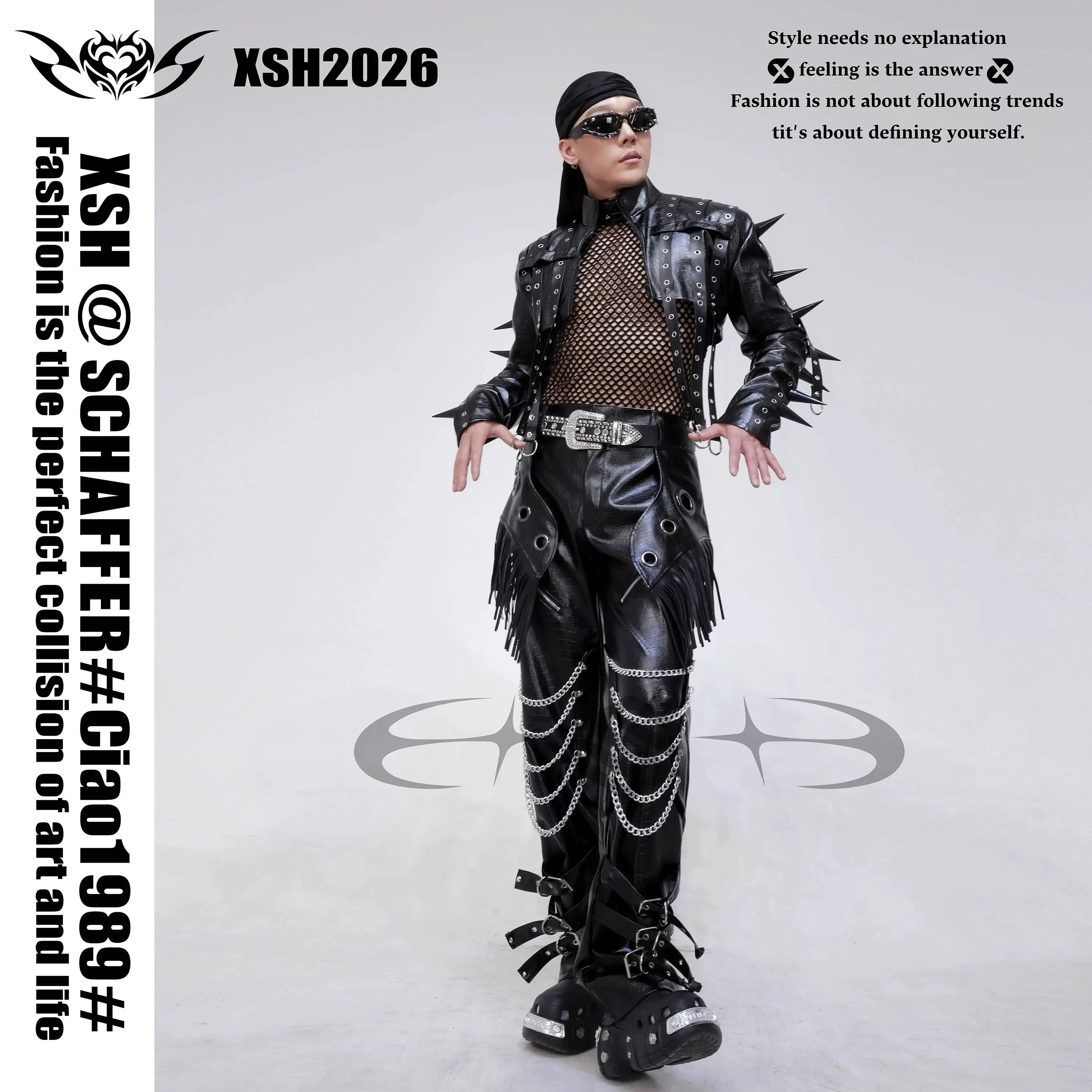 Black Rivet Leather Jacket With Mesh And Tassel Chain Pants, Bar Men's Gogo Dark Theme Patrol Custom Set view 3