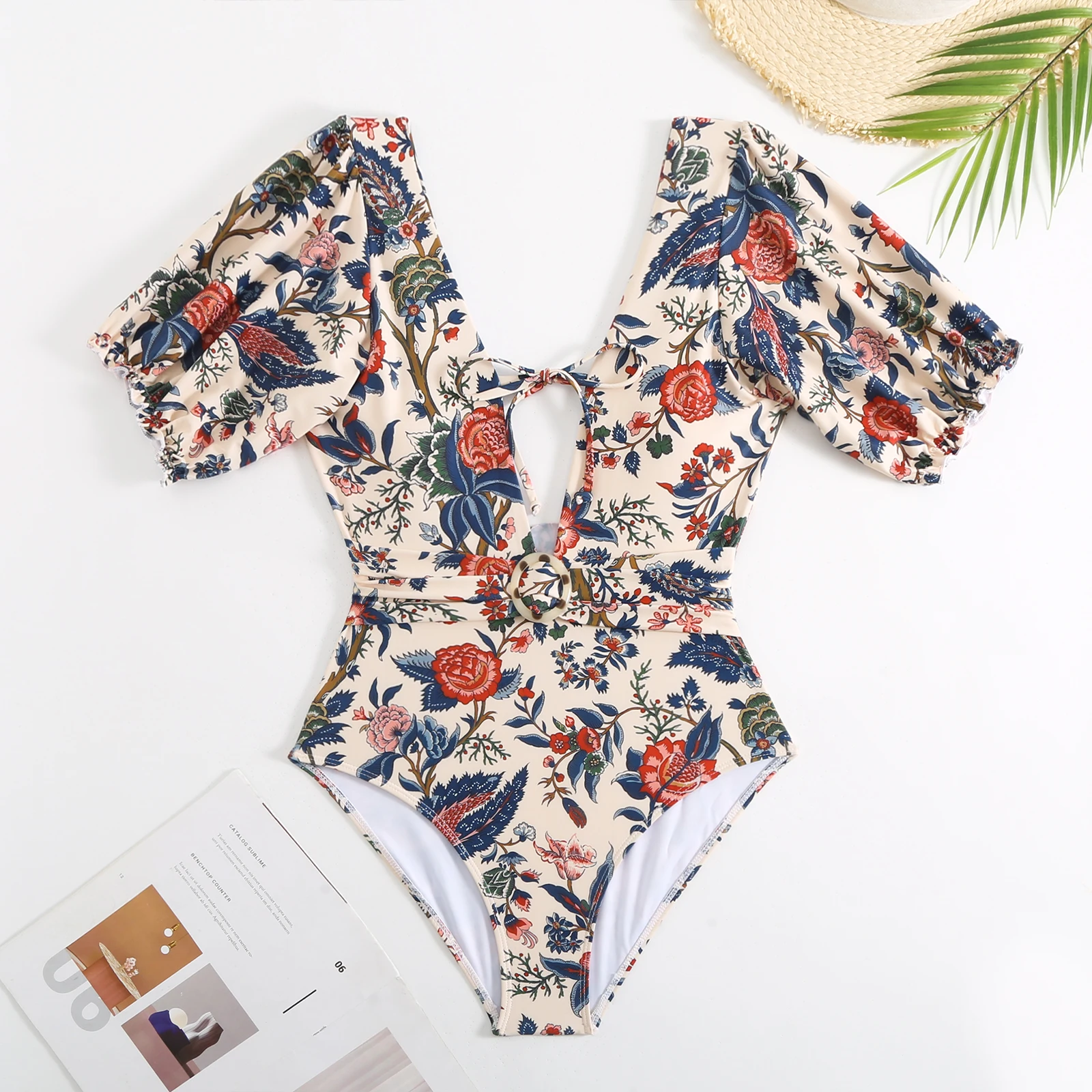 Women One Piece Swimsuit Cover Ups Ethnic Print Swimwear 2024 Summer New Beach Dress Retro V-Neck Halter Bath Suits