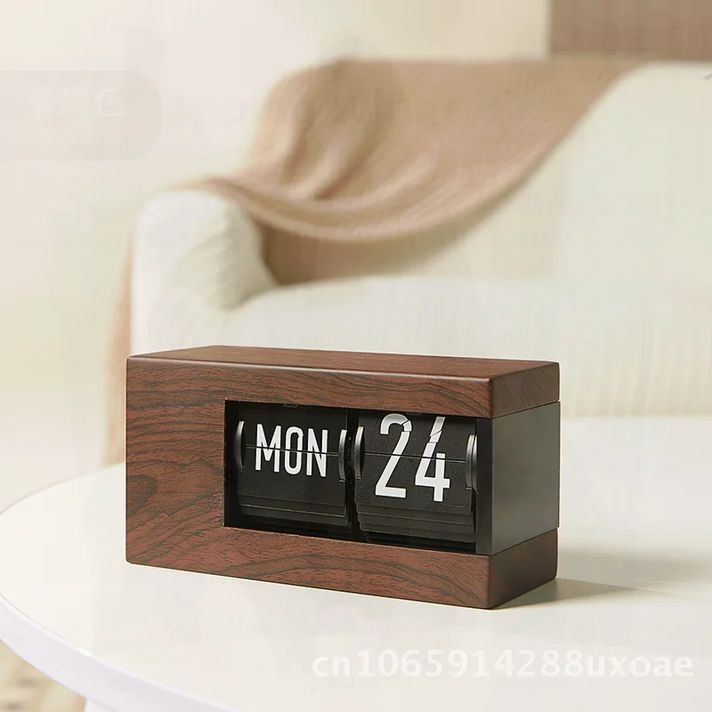 

Modern Minimalist Japanese Style Desktop Clock with Perpetual Calendar Page Turning Feature Silver Wood Grain Finish for Home &