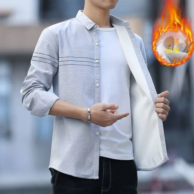 Warm Shirt Men's Korean Style Autumn and Winter Velvet Long-sleeved Shirt Youth Casual Versatile Quilted Jacket