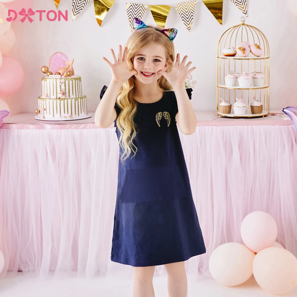 DXTON Kids Wing Sequined Dress Toddlers Flare Sleeve 100% Cotton Vestidos with Pockets Kids Unicorn Cartoon Casual Summer Wear