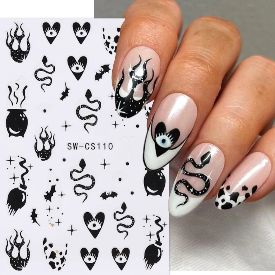 Evil Eyes Heart 3D Nail Stickers Snake Moon Star Line Slider For Nails Witch Design Summer Purple Decor Flame Decal Manicure Tip