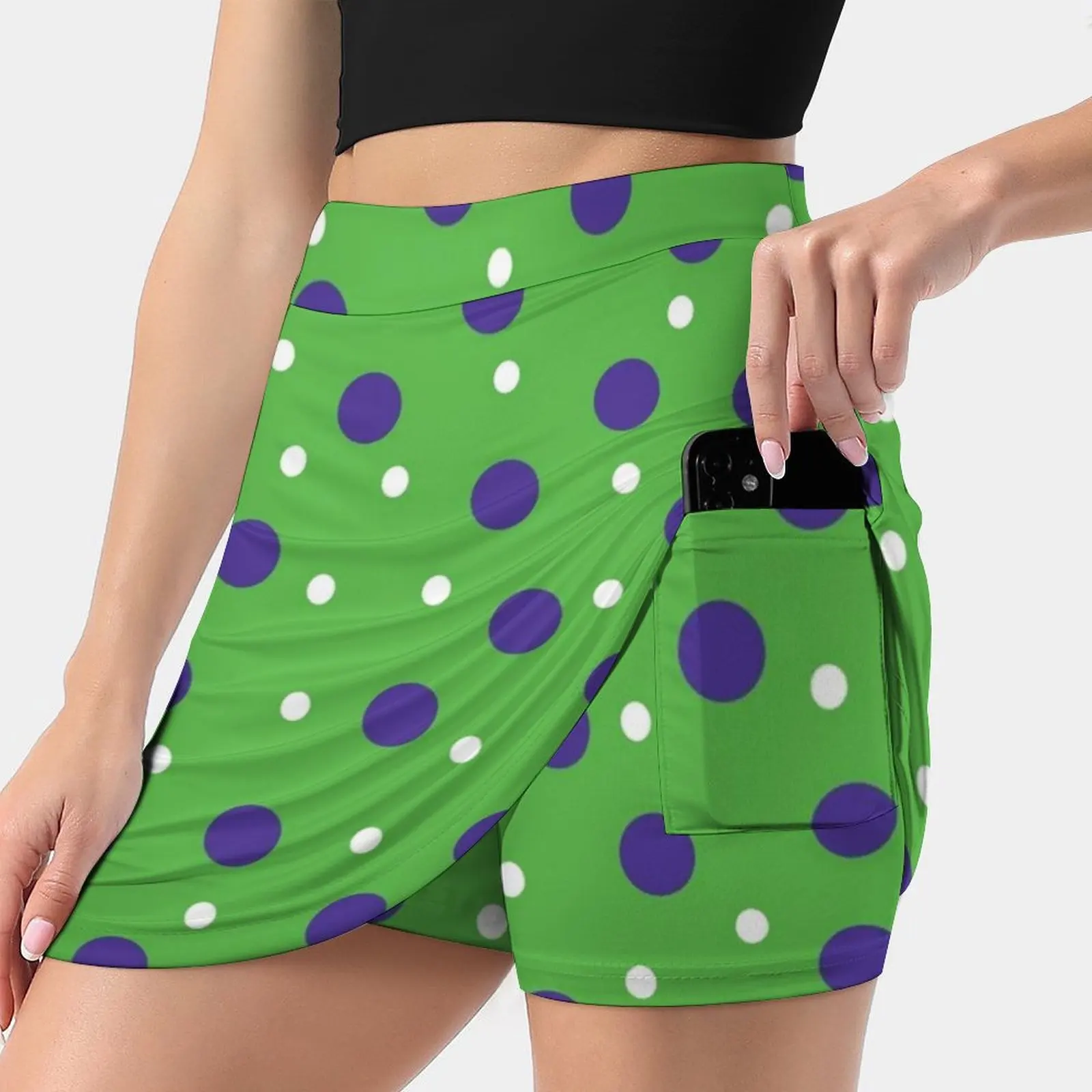 Lime Green Patern With Purple And White Polka Dots Women's skirt Mini Skirts A Line Skirt With Hide Pocket Pattern Lime Green