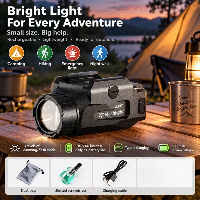 Tan All Metal Rail Mount LED Torch Multi Strobe Modes Type-C Recharge Hobby Game Illumination Light With Tool & Dust Bag