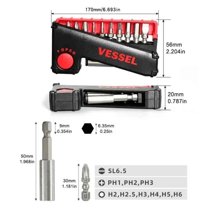 VESSEL IB11P03CSF JIS 11Pcs Impact Ball Torsion Bits Set - Slide Case, Screwdriver Replacement Bits, Durable Hand Tools