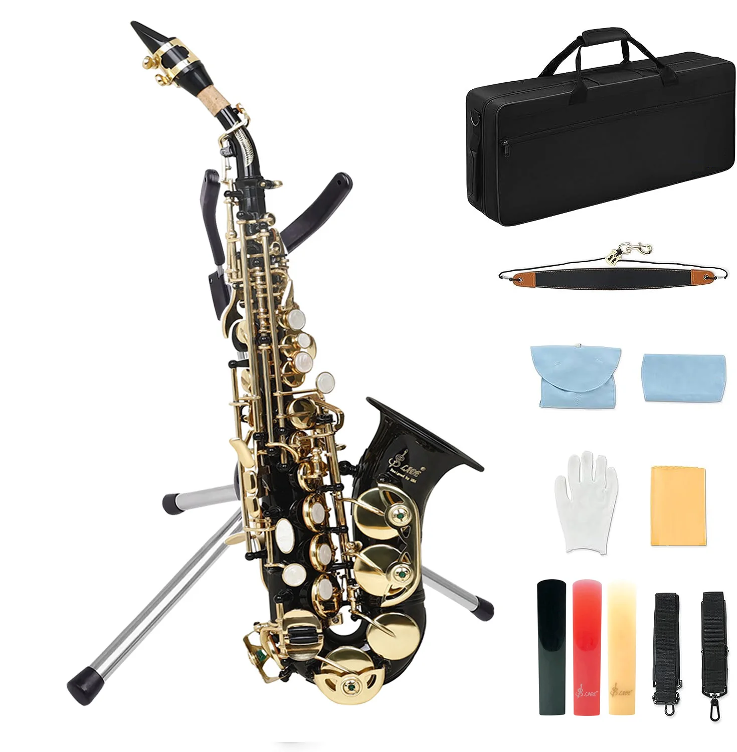 

Black Gold Soprano Saxophone B-Flat Beginner's Student Soprano Sax Complete set with Portable Box Blowing Mouth Reed Accessories