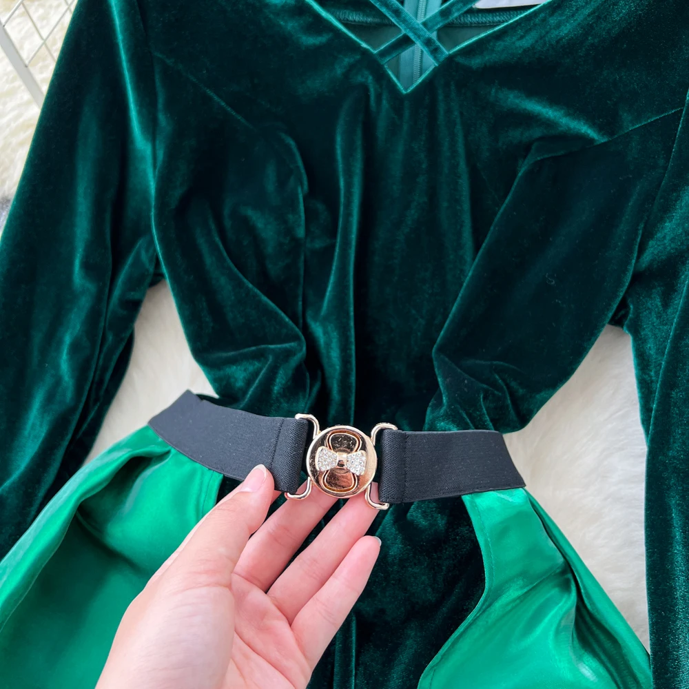Abito retrò elegante a maniche lunghe in velluto scavato Abito casual a vita alta Abiti da cerimonia da donna