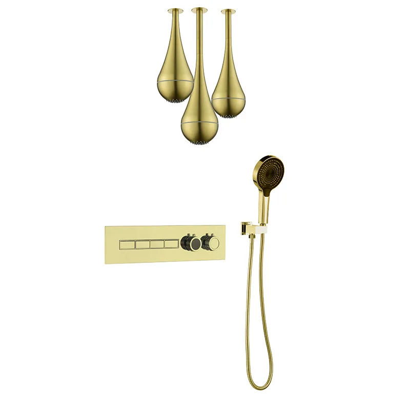 Brushed Gold Water Droplet Shaped Shower Head With Light Bathroom Pressurized Constant Temperature Faucet Shower Set