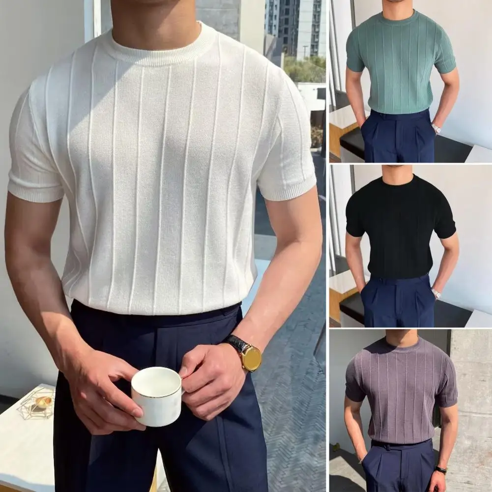 British style Summer Solid Short Sleeve Knitted T-shirt Men Fashion O-Neck Stripe Slim Fit Tee High Quality Men Clothing