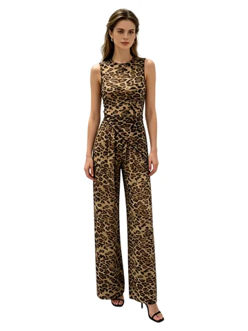 Woman's Sheer Leopard Print Two-Piece Ensemble Features a Round-Neck, Sleeveless, Irregularly Cropped Vest Paired with Flared, Wide-Leg Trousers, Presenting an Elegant Combination Suitable for Both Streetwear and Club Attire