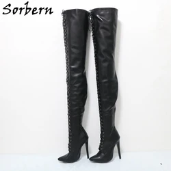 Sorbern Black Real Leather 80Cm Crotch Thigh High Pointed Toe 14Cm High Heel Stilettos Custom Super Long Shaft Lace Up Boots