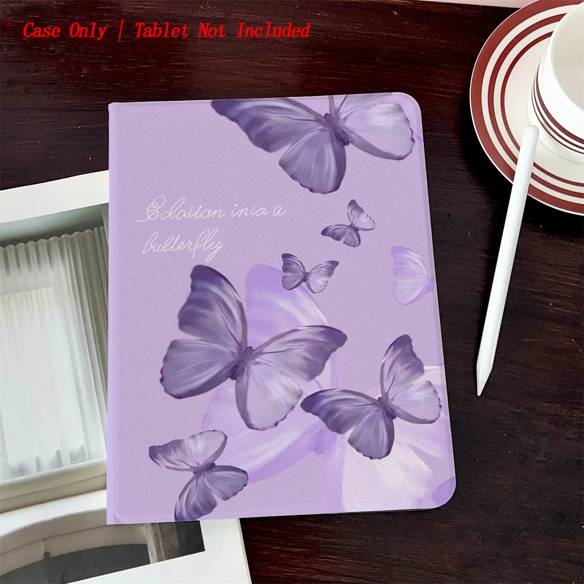 

Фиолетовый чехол для iPad с принтом бабочки — стиль книги с отделением для ручки, автоматический сон/пробуждение, простой свежий дизайн
