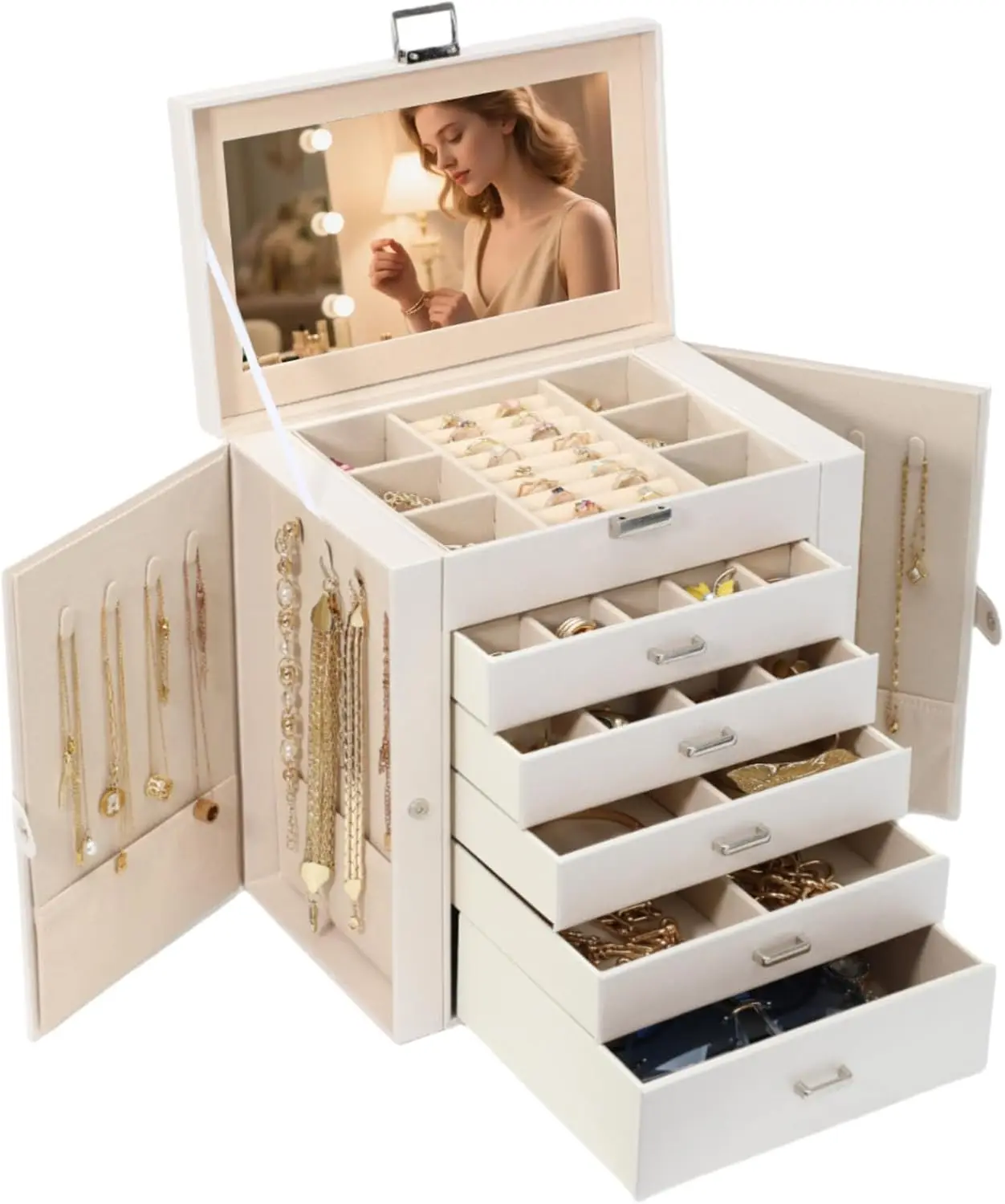 

6-Layer Jewelry Organizer with Mirror and Lock, 5 Drawers for Earrings Necklaces Rings Bracelets Storage, Pearl White