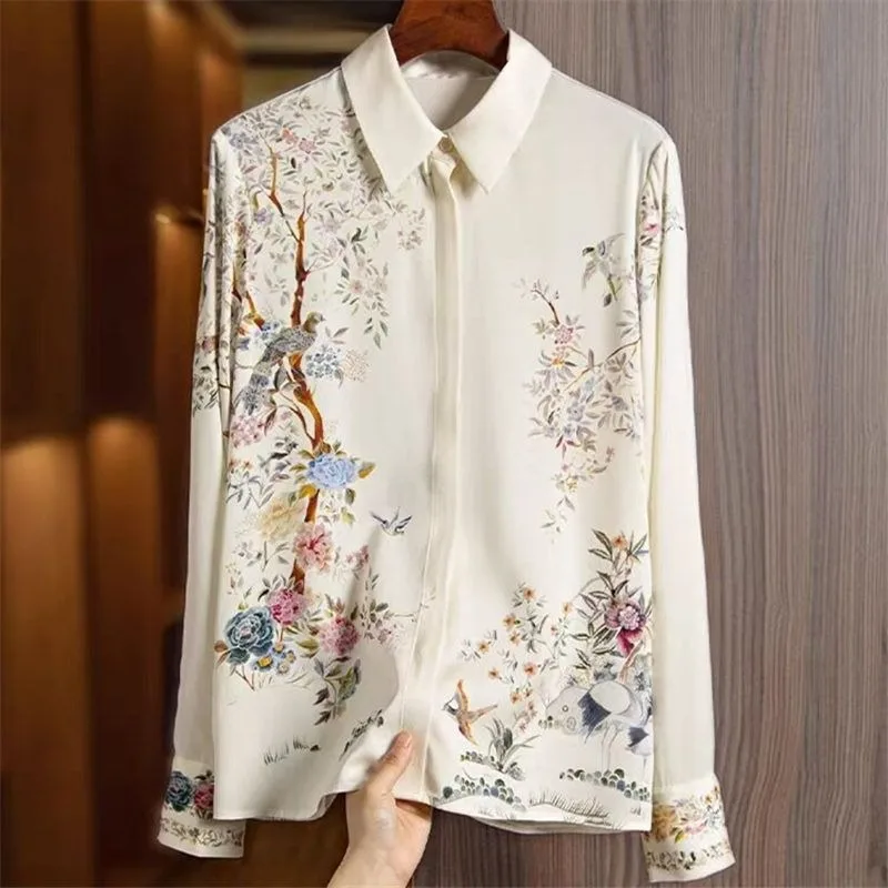 

Women's Elegant Horse Floral Print Long Sleeve Shirt Turn-Down Collar Slim Fit Casual Blouse