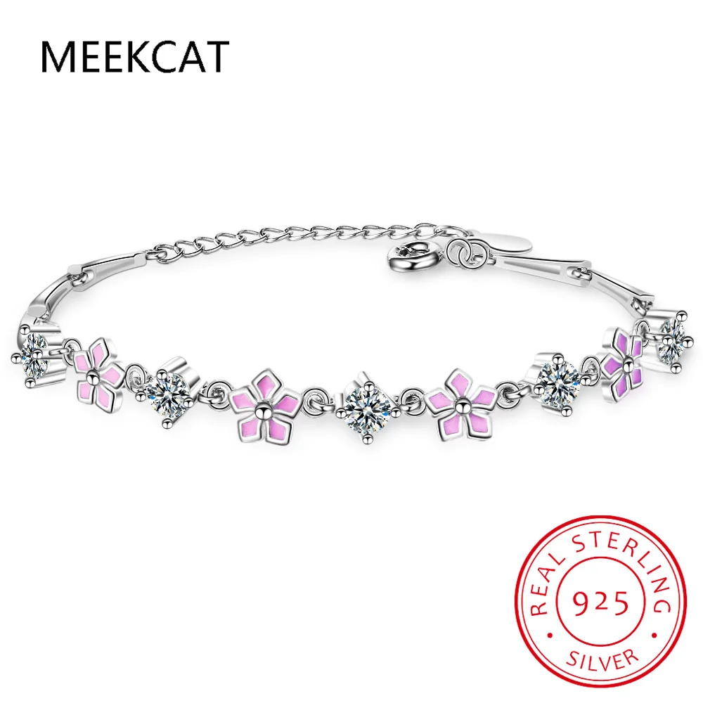 925 Sterling Silver Moissanite Gemstone Bracelet for Women Lab Diamond Pink Enamel Sakura Bracelet for Engagement Party Gift