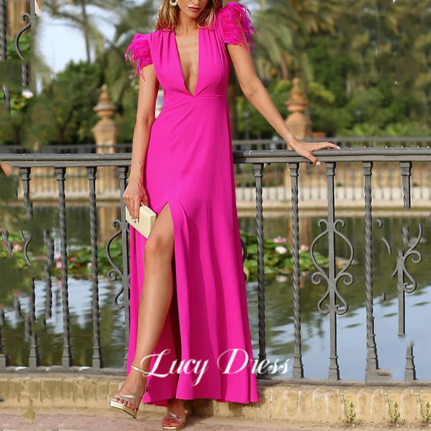 

Lucy Dresses for Women Party Wedding Evening Gown Mermaid V Collar Shoulder Feathers Bridesmaid Sharon Happy Hot Pink Dress