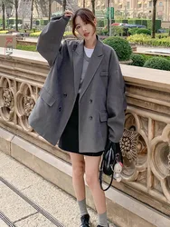 LANMREM Casual Grey Blazer Women's Notched Long Sleeves Double Breasted Solid Color Loose Coat 2024 Autumn New Clothing 2Z2374