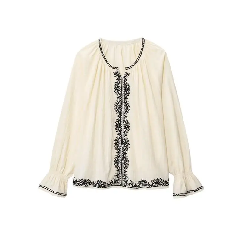 

Women's Summer irt round Ne Bell Sve Embroidered Decorated Top Cross-Border Faion Long Sve Thin PU Fabric L583F