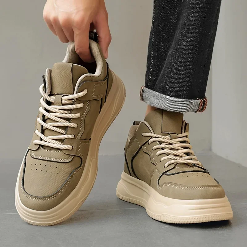 

Fall Men's Bla Casual Leather Work oes Versatile Comfortable Sports Anti-slip Thi Bot Heightening Dad Trendy Sneakers