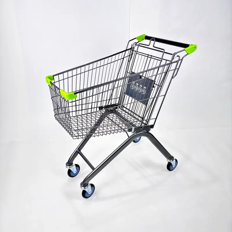 Heavy Duty Steel Shopping Cart Four Wheel Grocery Trolley for European Supermarket Retail Store Large Capacity Metal Basket