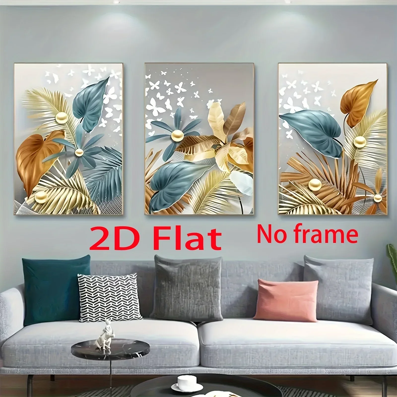 2D Flat, 2D Flat, 3pcs, Modern Canvas Painting of Golden Butterfly Leaf Wall, Art Prints, Holiday Gifts, Background Decoratio