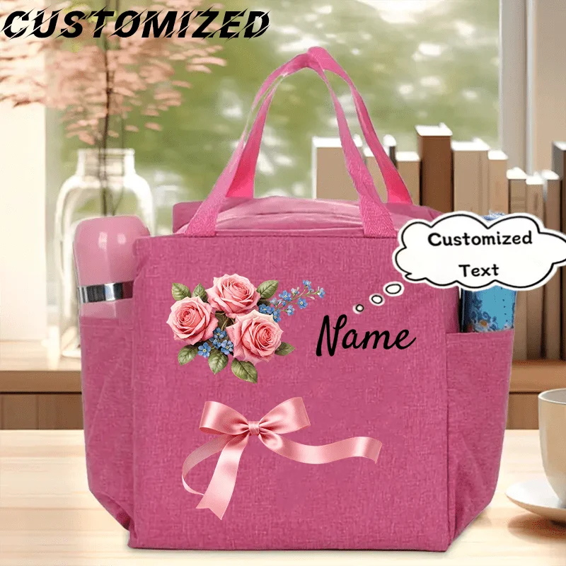 Customized Name Rose Bow Women'S Handbag - Insulated Lunch Bag with Smooth Zipper Closure, Designed Lunch Bag