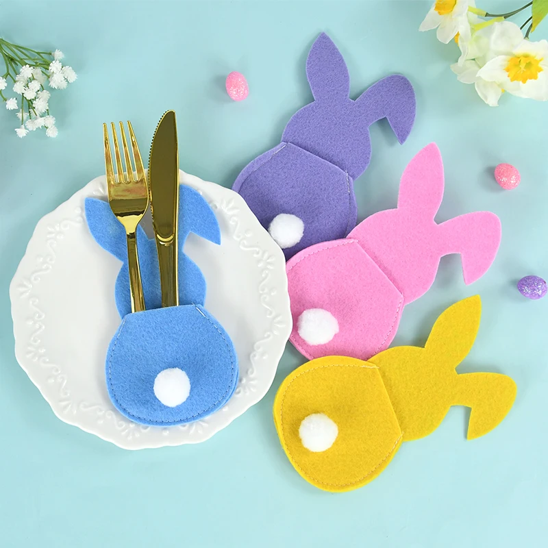 

4Pcs Easter Bunny Knife Fork Bags Cartoon Tableware Covers Dinner Desktop Supplies Table Decor Cutlery Bag Easter Decoration