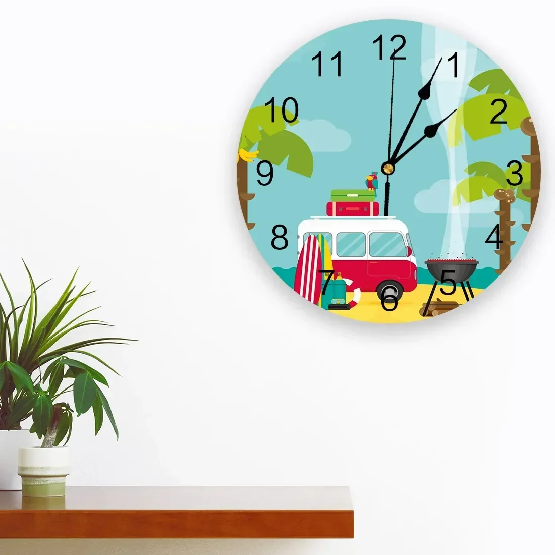 Camping Car Beach Cartoon Trees Sea Creative Wall Clock For Home Office Decoration Living Room Bedroom Kids Room Hanging Watch