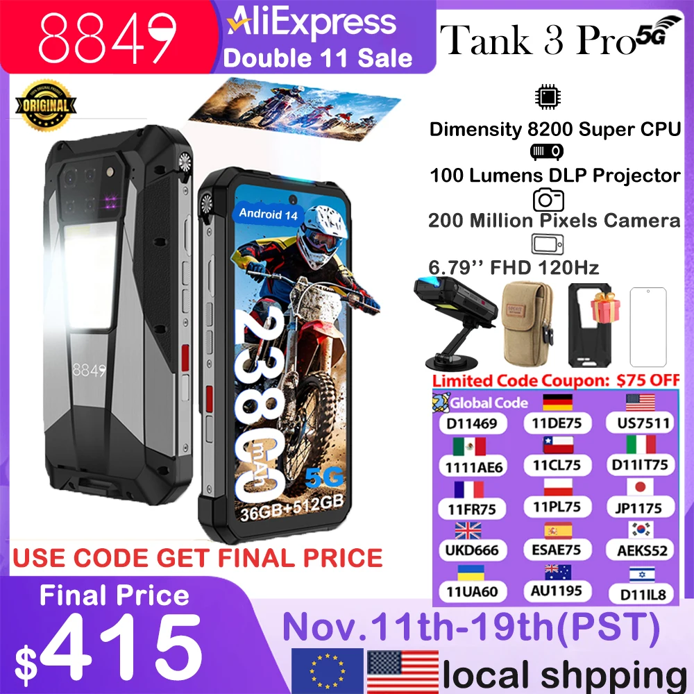 8849 Tank 3 Pro Unihertz جهاز عرض متين للهاتف الذكي 23800mAh 5G Android14 هاتف خارجي 512GB + 36GB 120W شحن سريع ثنائي الشريحة