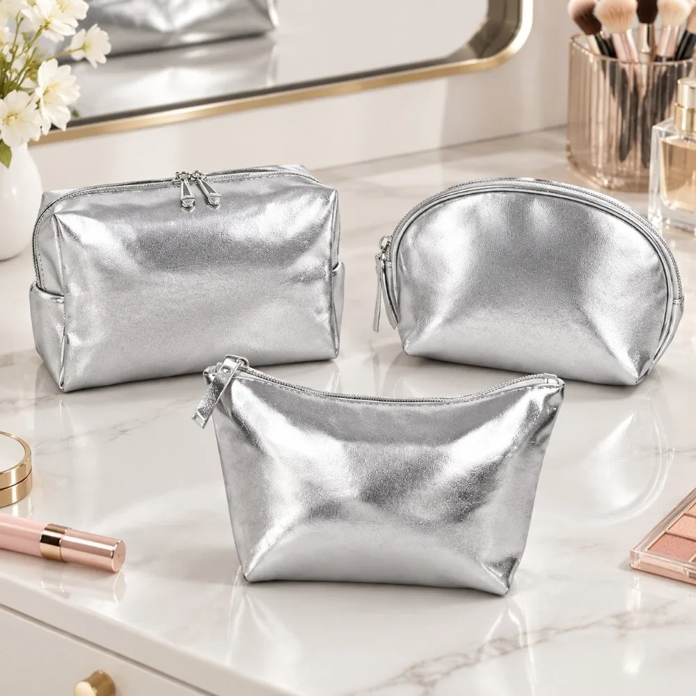 Silver/Gold Handheld Makeup Bag Waterproof Zipper Closure Makeup Pouch PU Leather Soft Travel Makeup Organizer Cosmetic Storage
