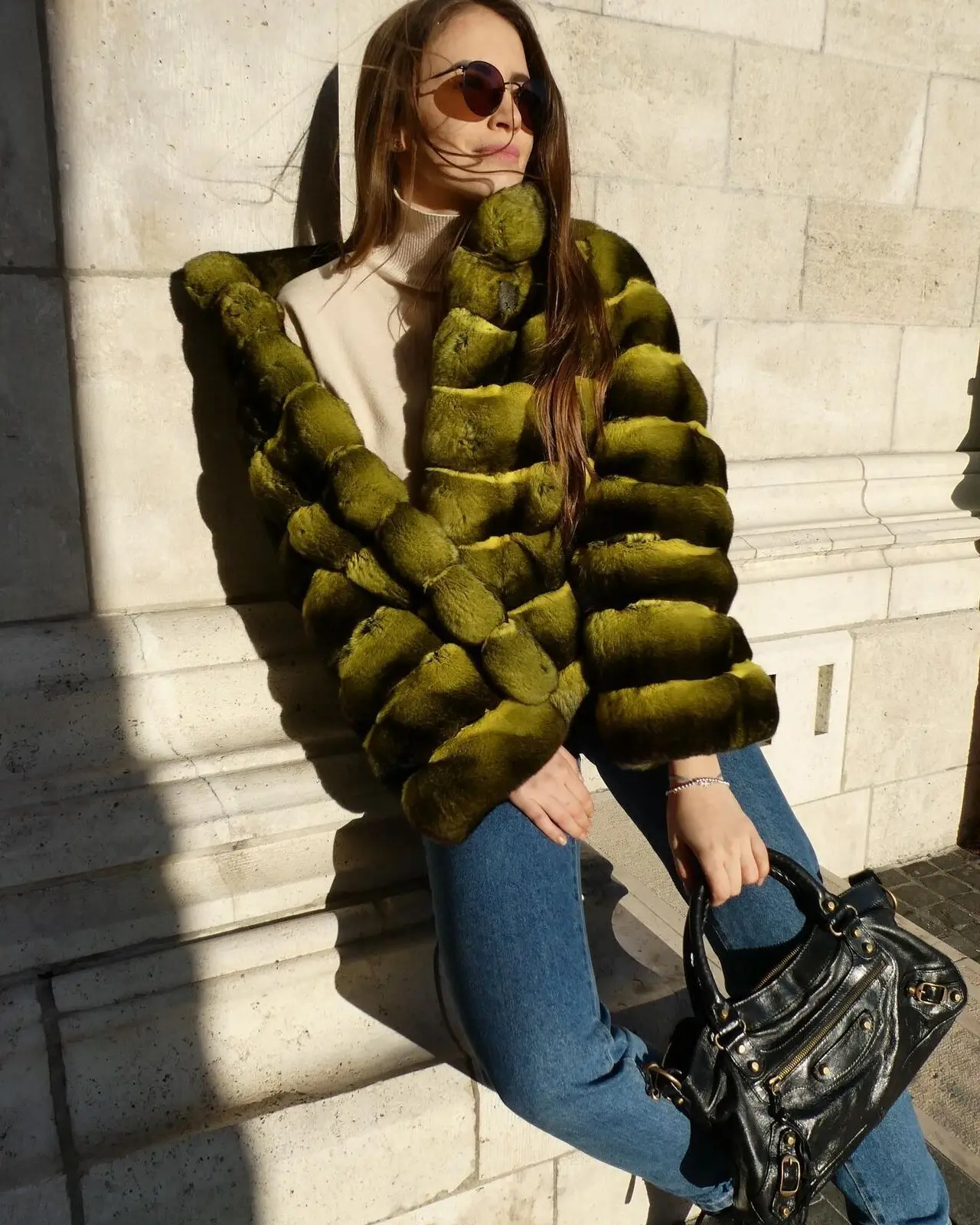 Women Fashion Chinchilla Jacket Real Rex Rabbit Fur Stand Collar Coat Winter Luxury Green Genuine  Rex Rabbit Fur Warm Outwear